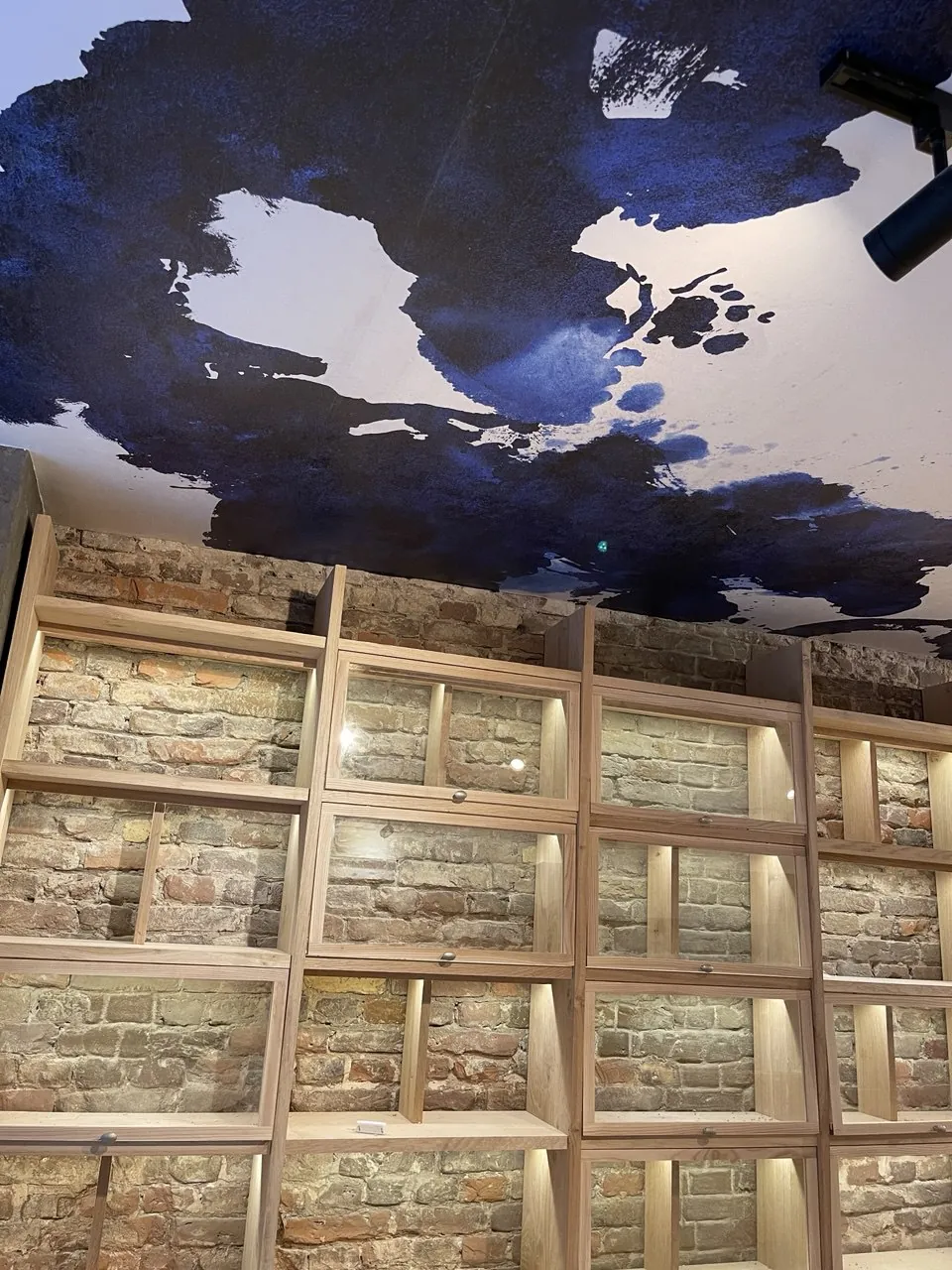 Beschilderd wolkenplafond boven verlichte houten wandkasten