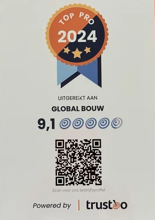 Trustoo Top Pro 2024 badge, uitgereikt aan Global Bouw: 9,1